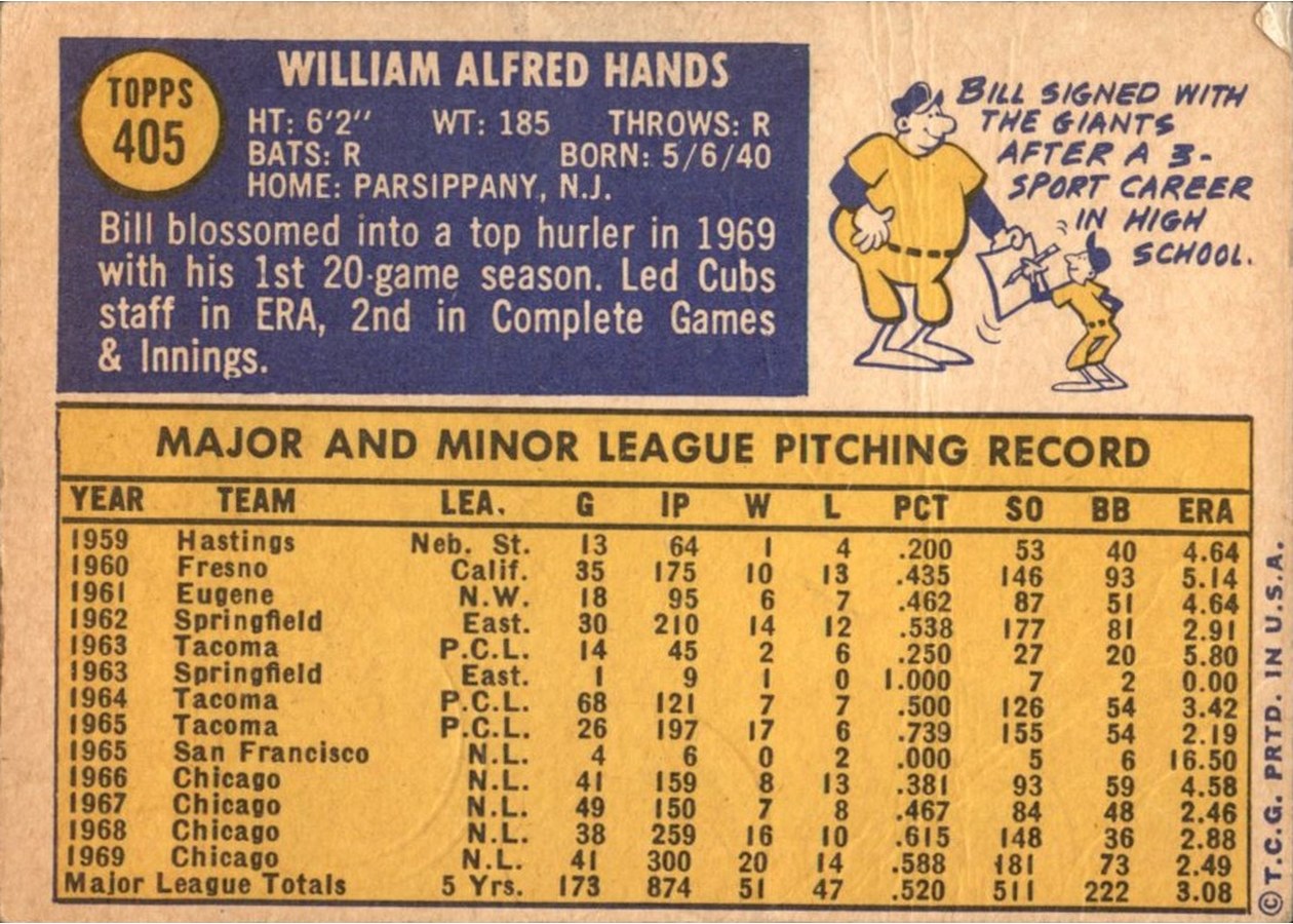 1970 Topps #405 Bill Hands card back