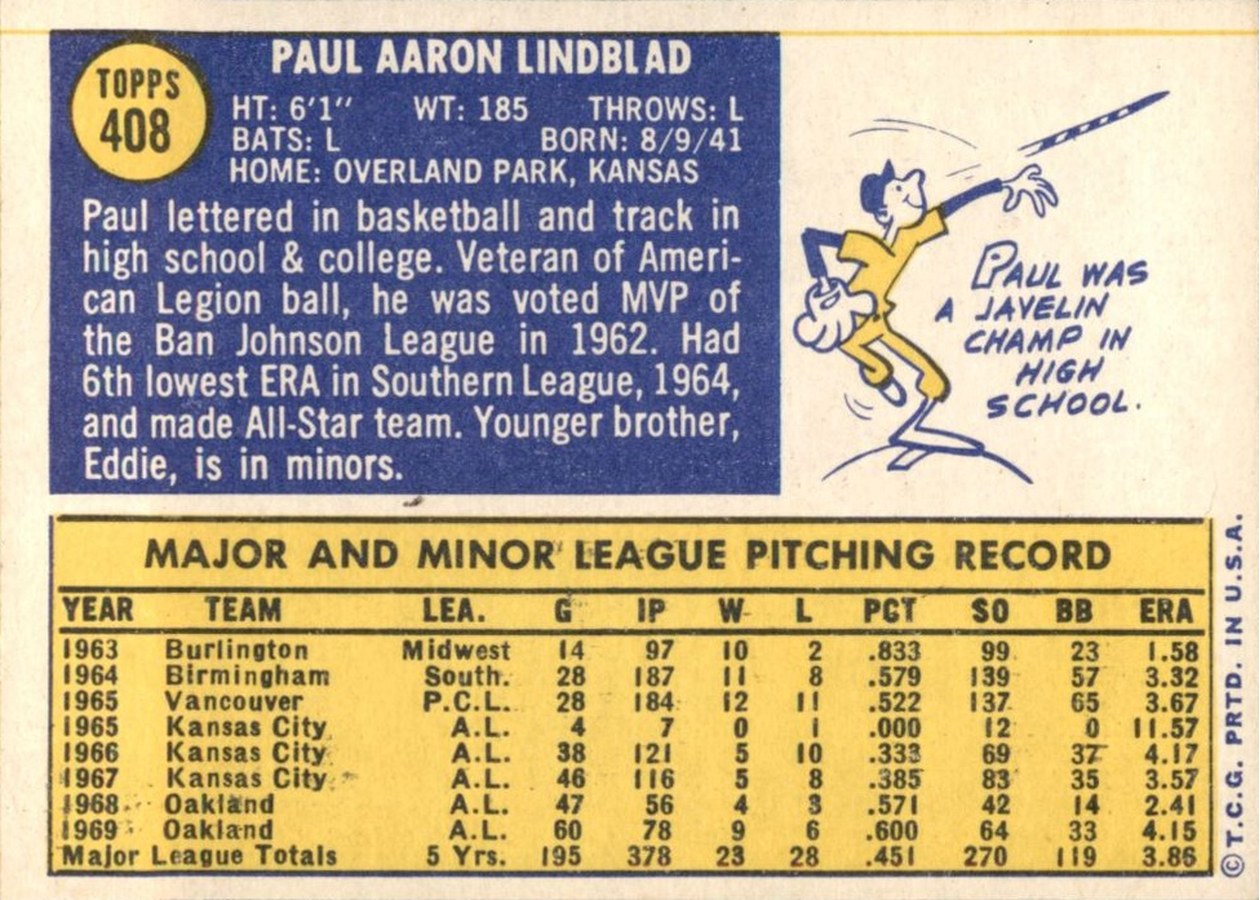 1970 Topps #408 Paul Lindblad card back