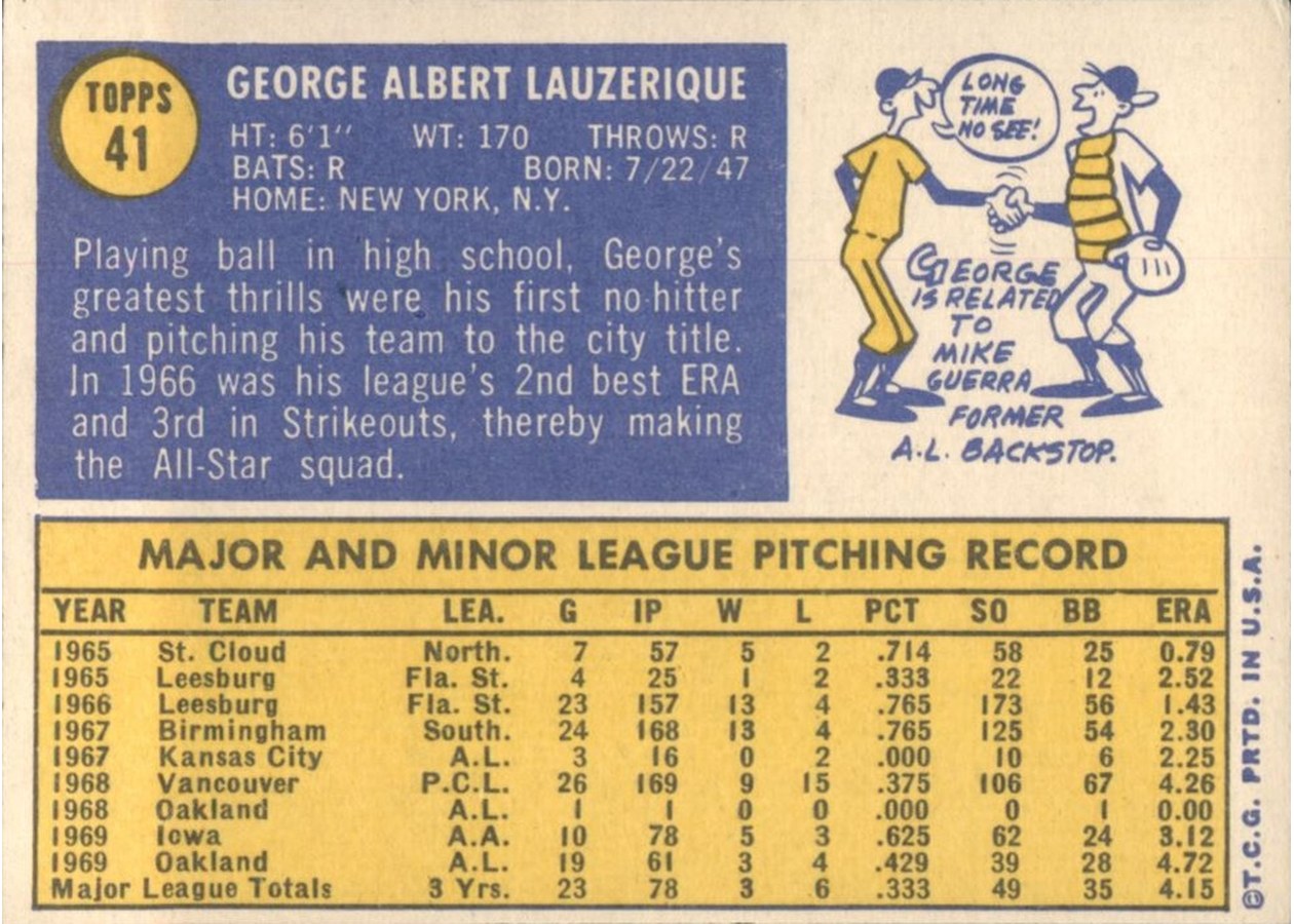 1970 Topps #41 George Lauzerique card back