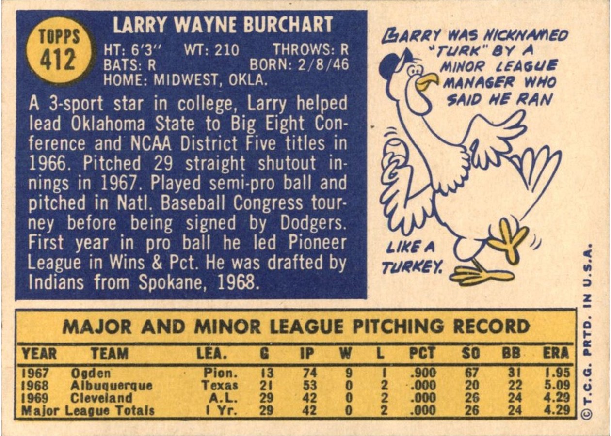 1970 Topps #412 Larry Burchart card back
