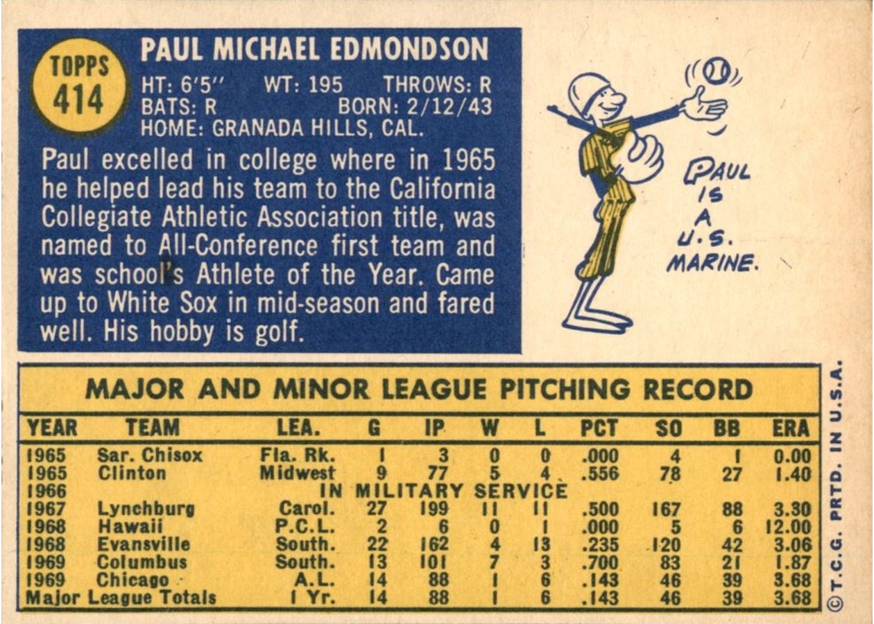 1970 Topps #414 Paul Edmondson card back