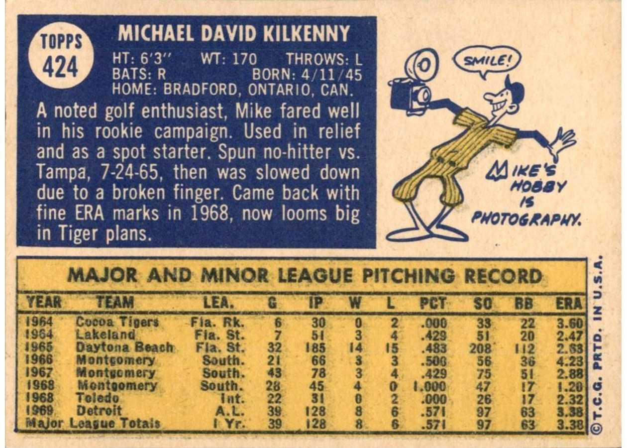 1970 Topps #424 Mike Kilkenny card back