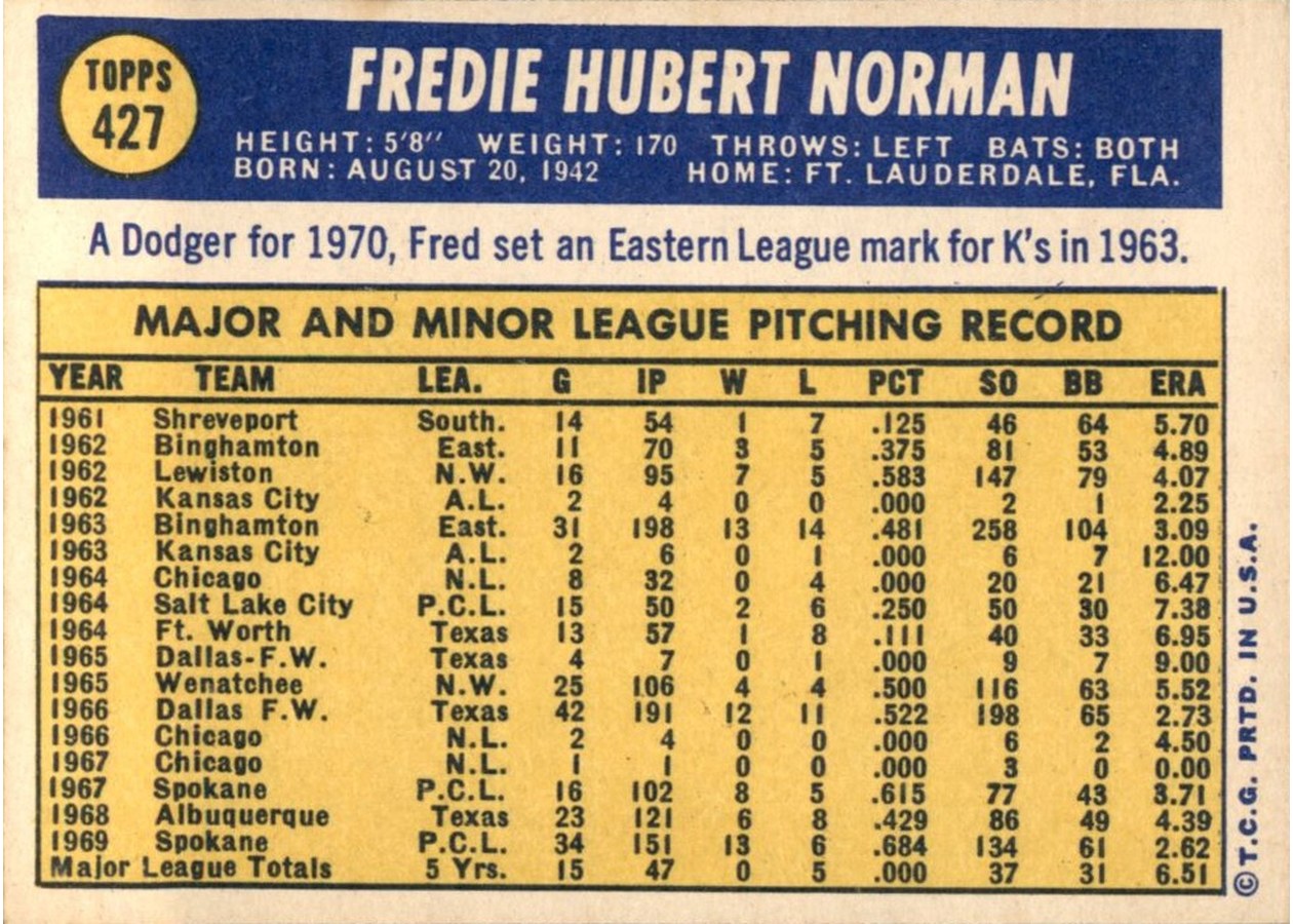 1970 Topps #427 Fred Norman card back