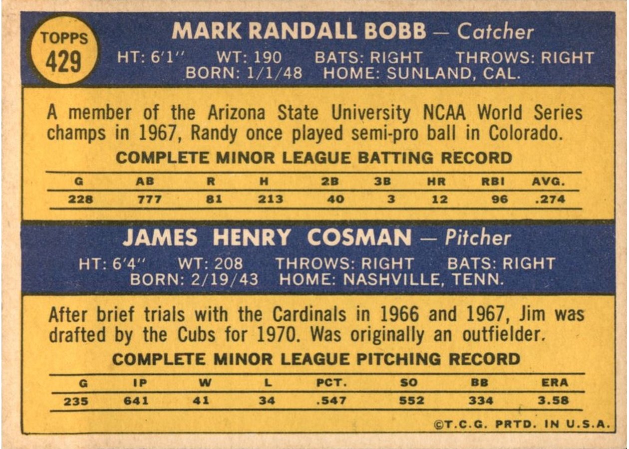 1970 Topps #429 Cubs 1970 Rookie Stars card back
