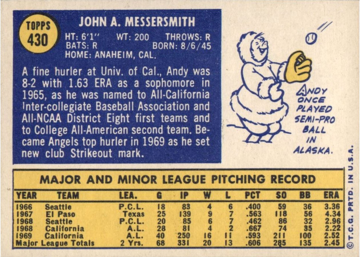 1970 Topps #430 A. Messersmith card back