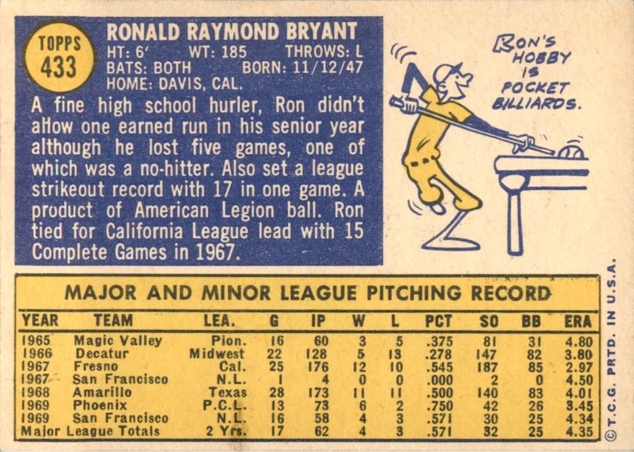 1970 Topps #433 Ron Bryant card back