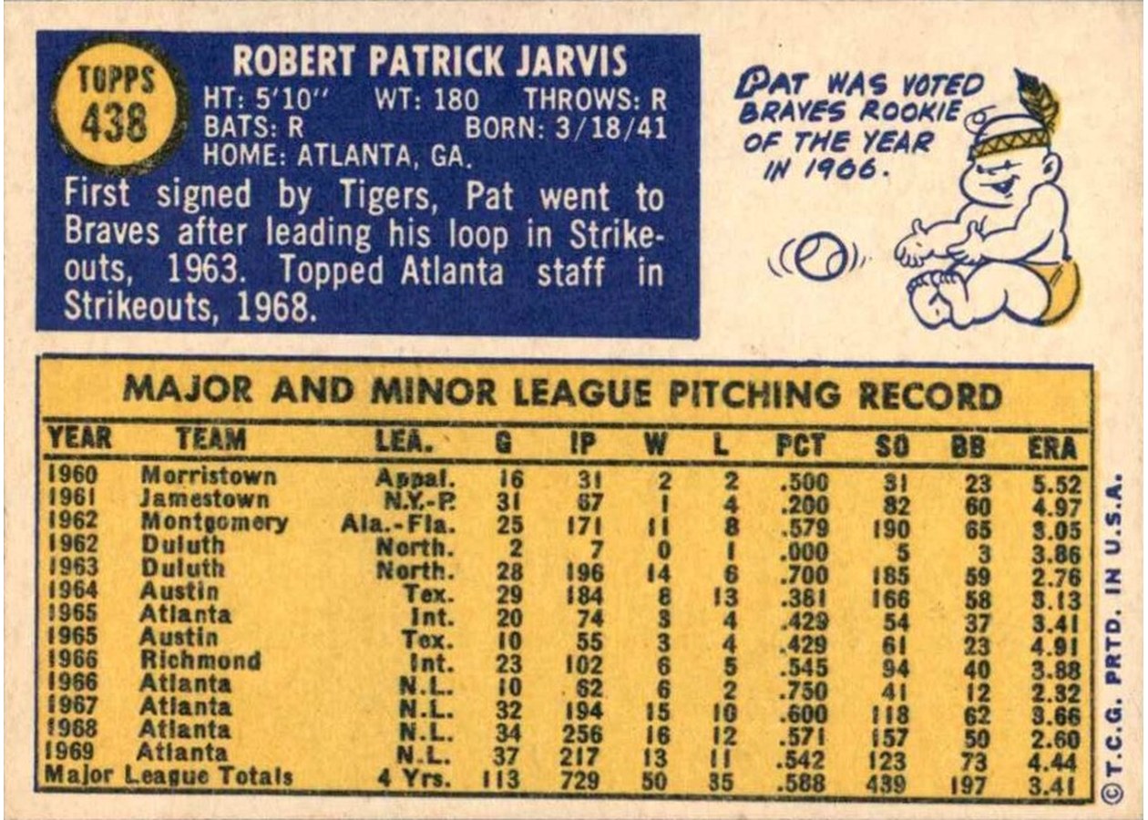 1970 Topps #438 Pat Jarvis card back