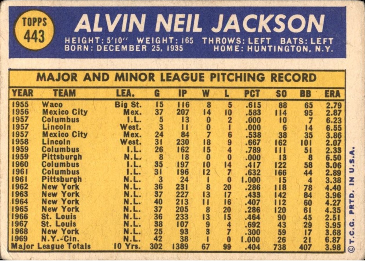 1970 Topps #443 Al Jackson card back