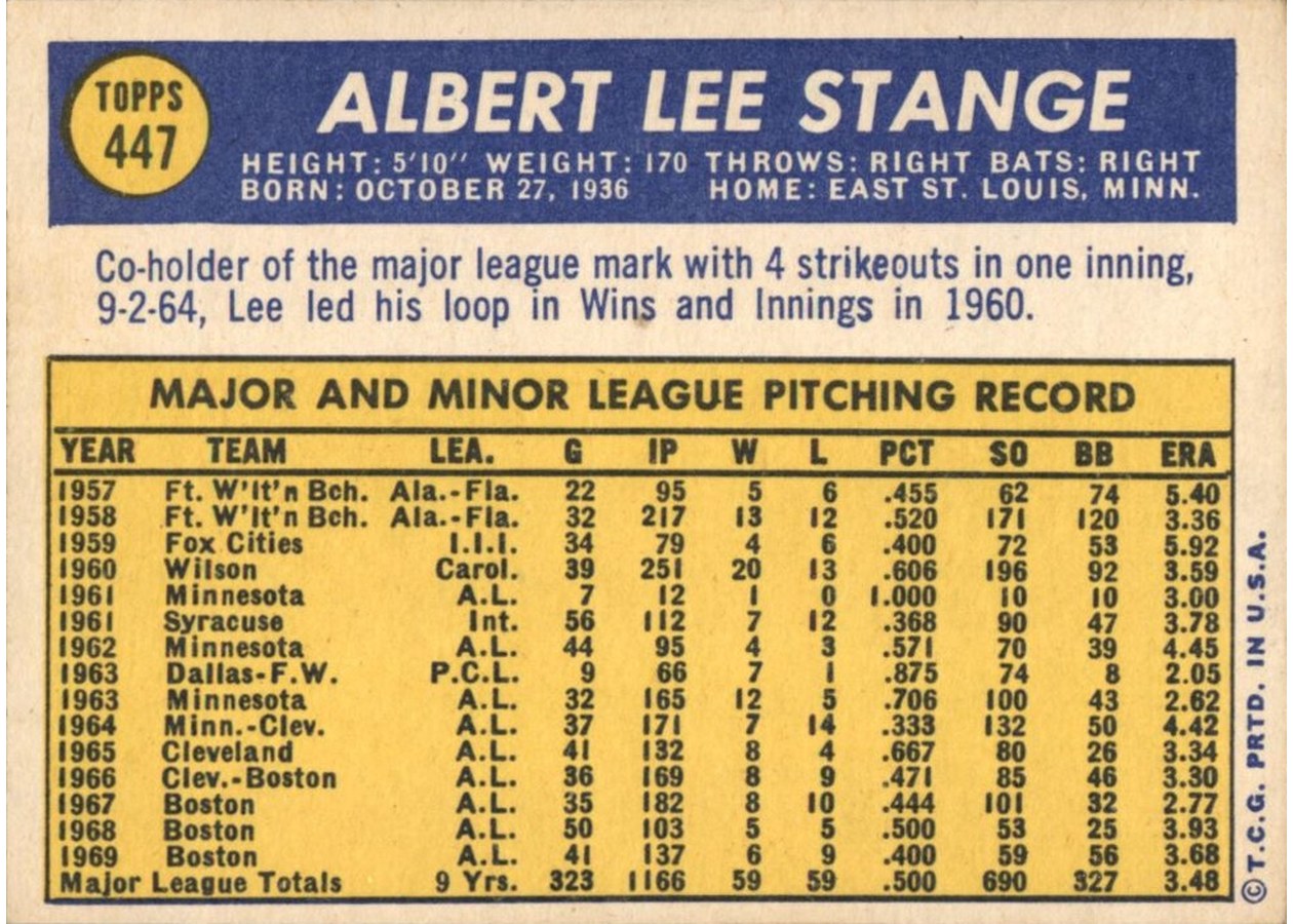 1970 Topps #447 Lee Stange card back