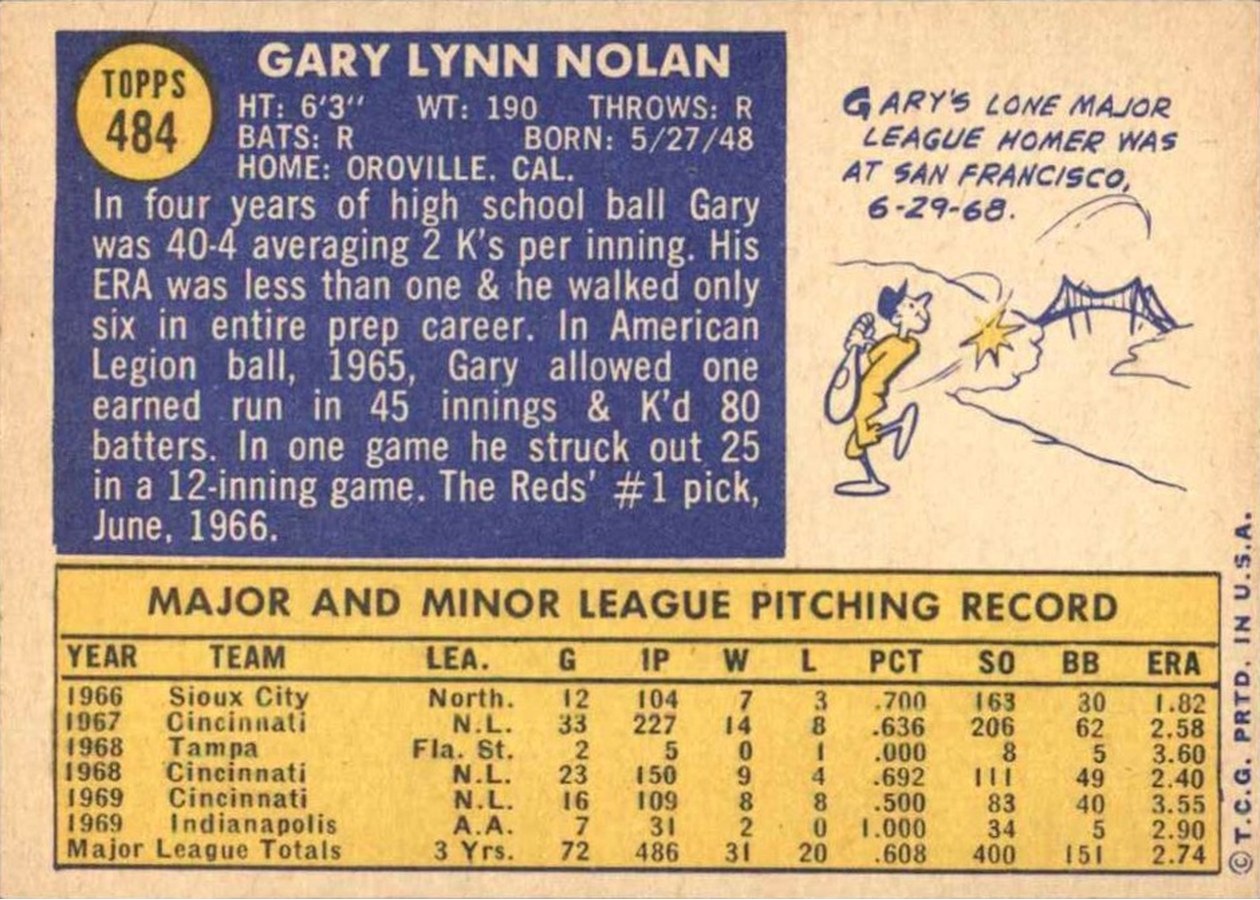 1970 Topps #484 Gary Nolan card back