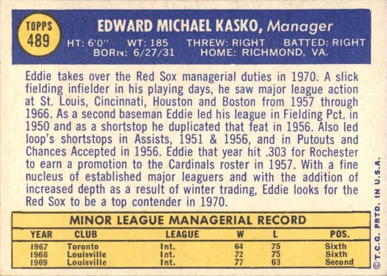 1970 Topps #489 Eddie Kasko card back