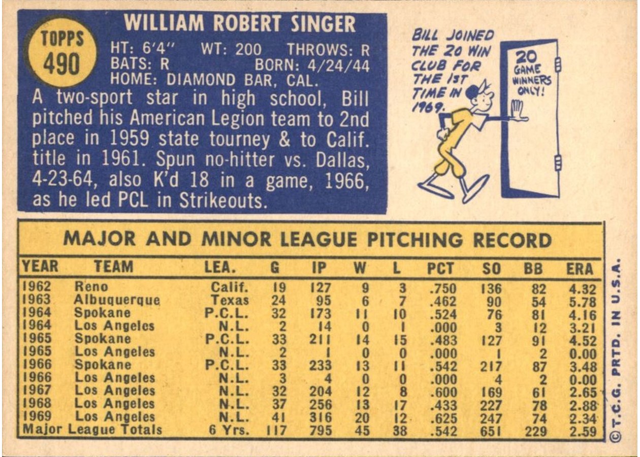 1970 Topps #490 Bill Singer card back