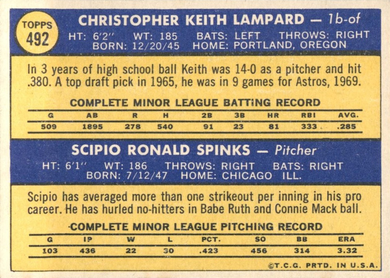 1970 Topps #492 Astros 1970 Rookie Stars card back