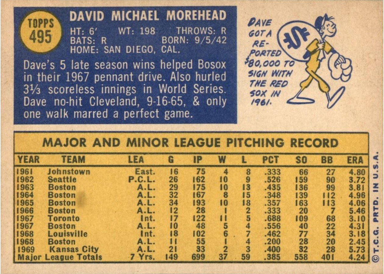 1970 Topps #495 Dave Morehead card back