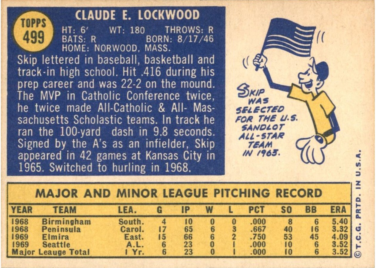 1970 Topps #499 Skip Lockwood card back