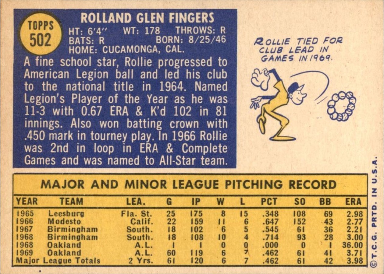 1970 Topps #502 Rollie Fingers card back