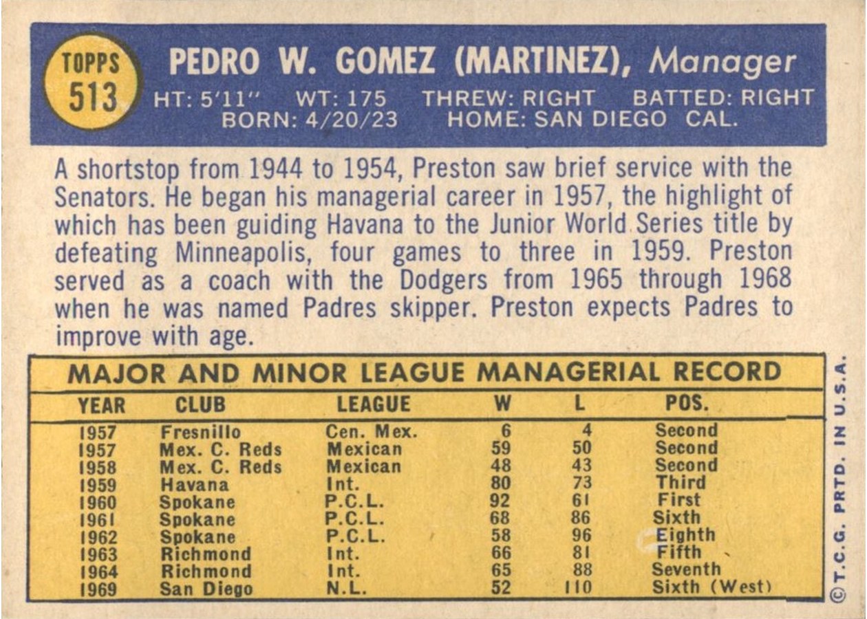 1970 Topps #513 Preston Gomez card back