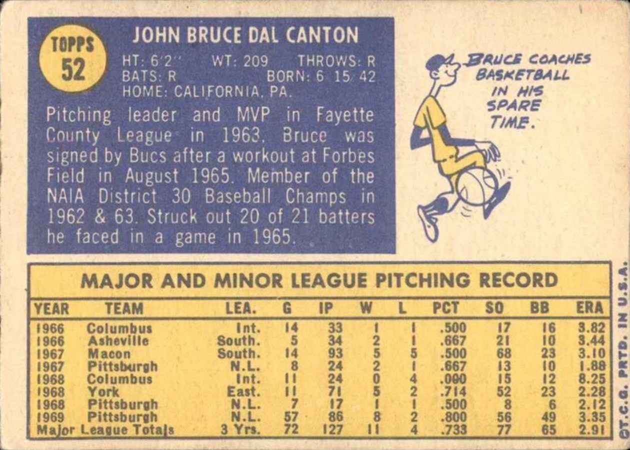 1970 Topps #52 Bruce Dal Canton card back