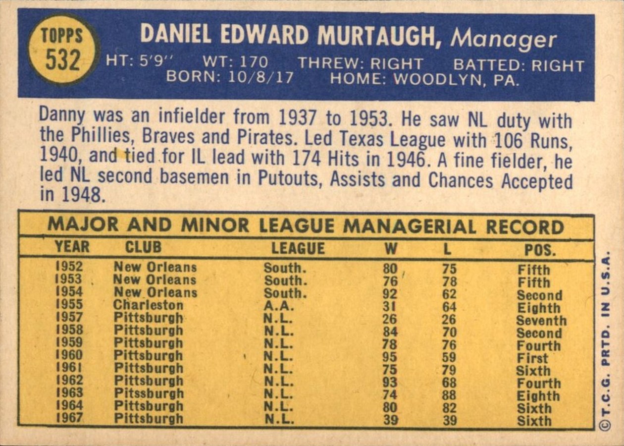 1970 Topps #532 Danny Murtaugh card back