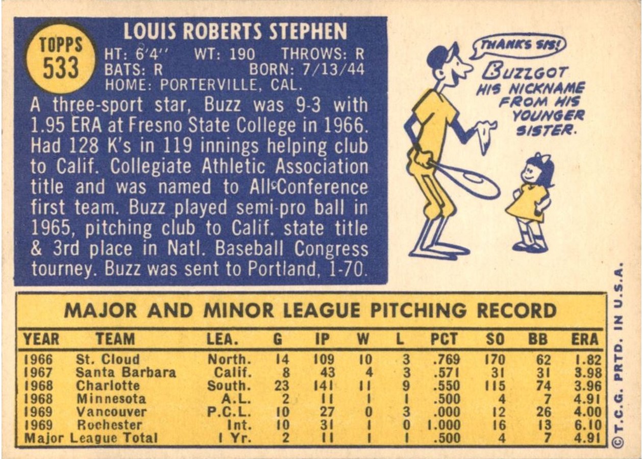 1970 Topps #533 Buzz Stephen card back