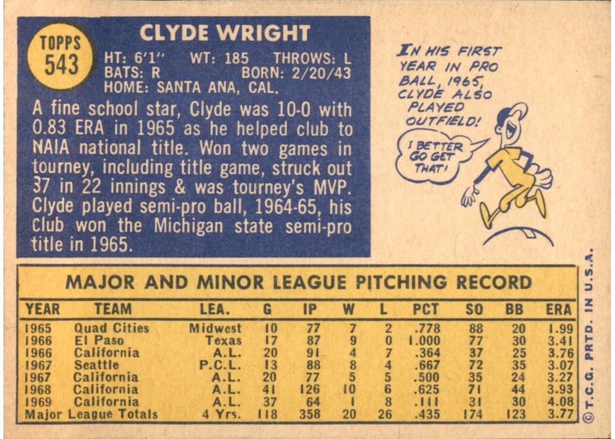 1970 Topps #543 Clyde Wright card back