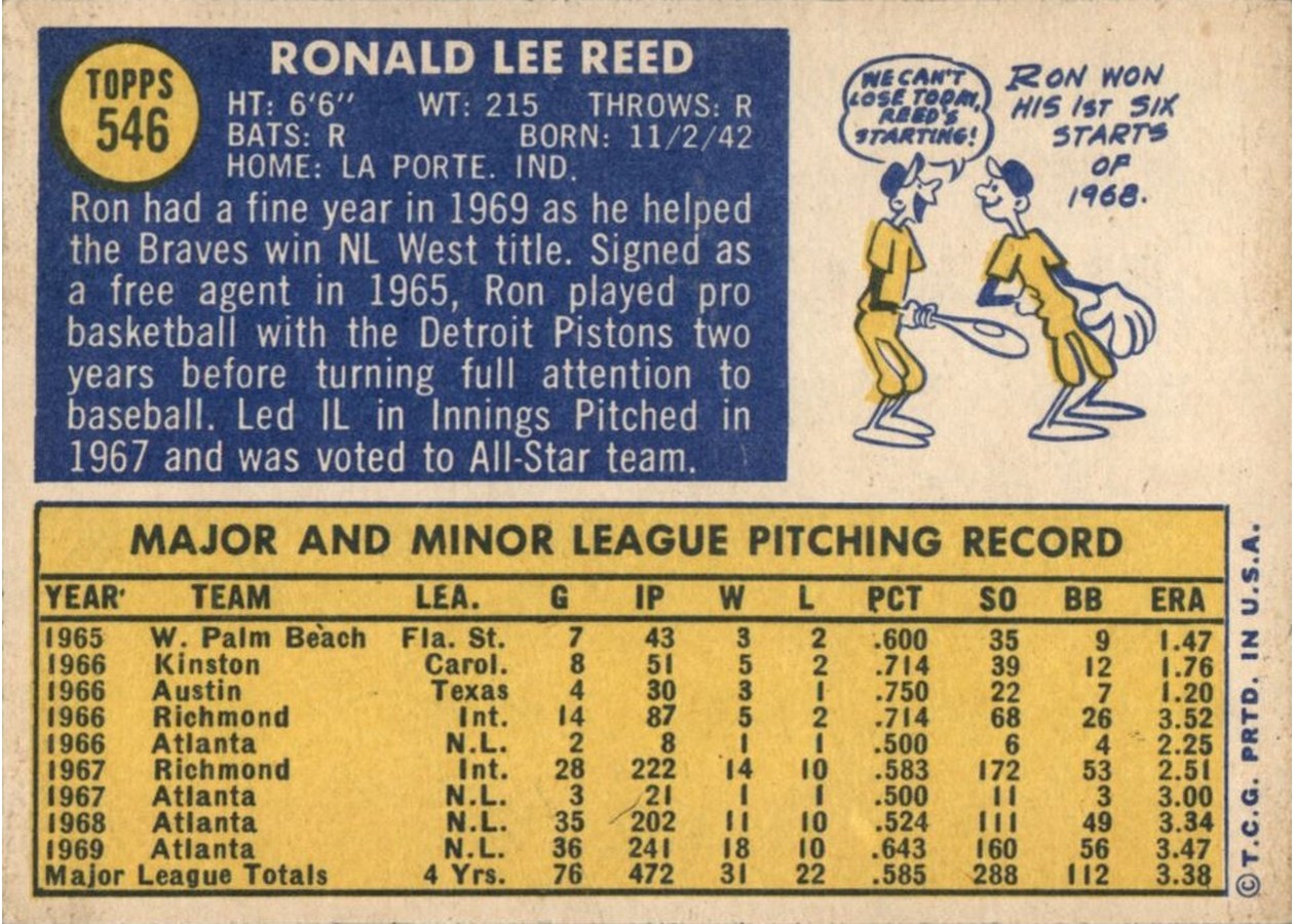 1970 Topps #546 Ron Reed card back