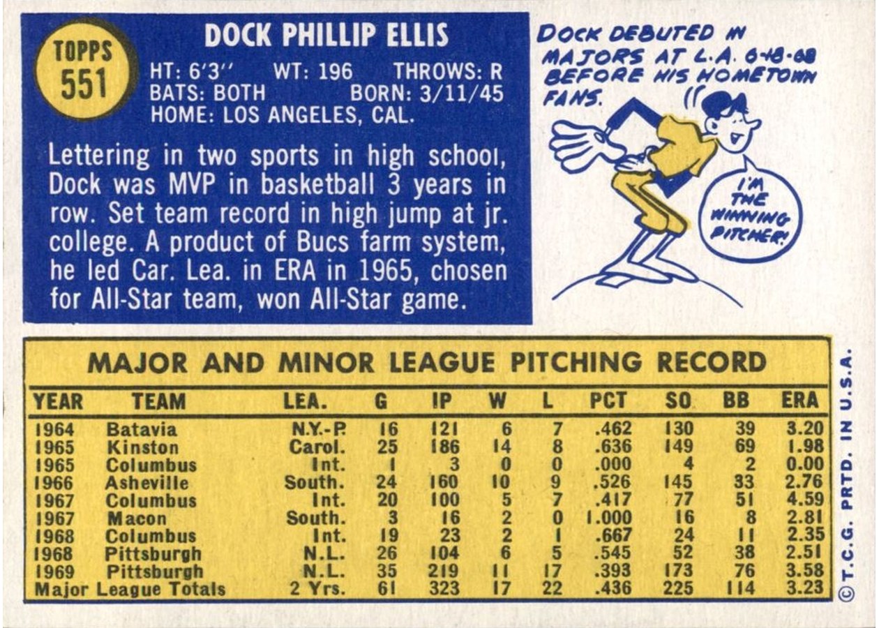 1970 Topps #551 Dock Ellis card back