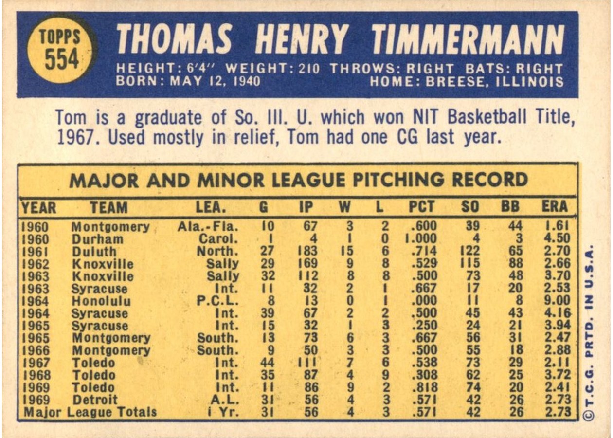 1970 Topps #554 Tom Timmermann card back