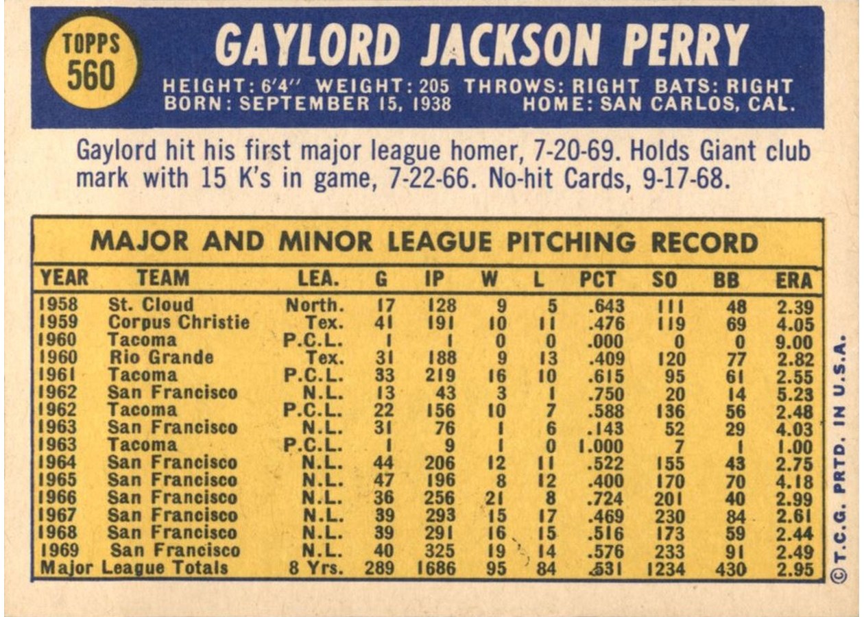 1970 Topps #560 Gaylord Perry card back