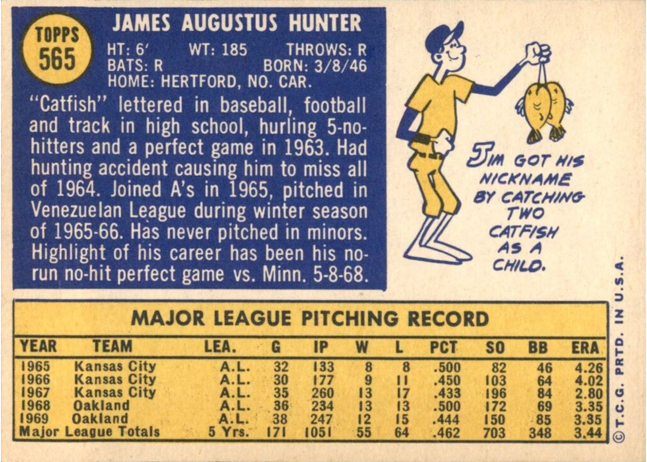 1970 Topps #565 Jim Hunter card back