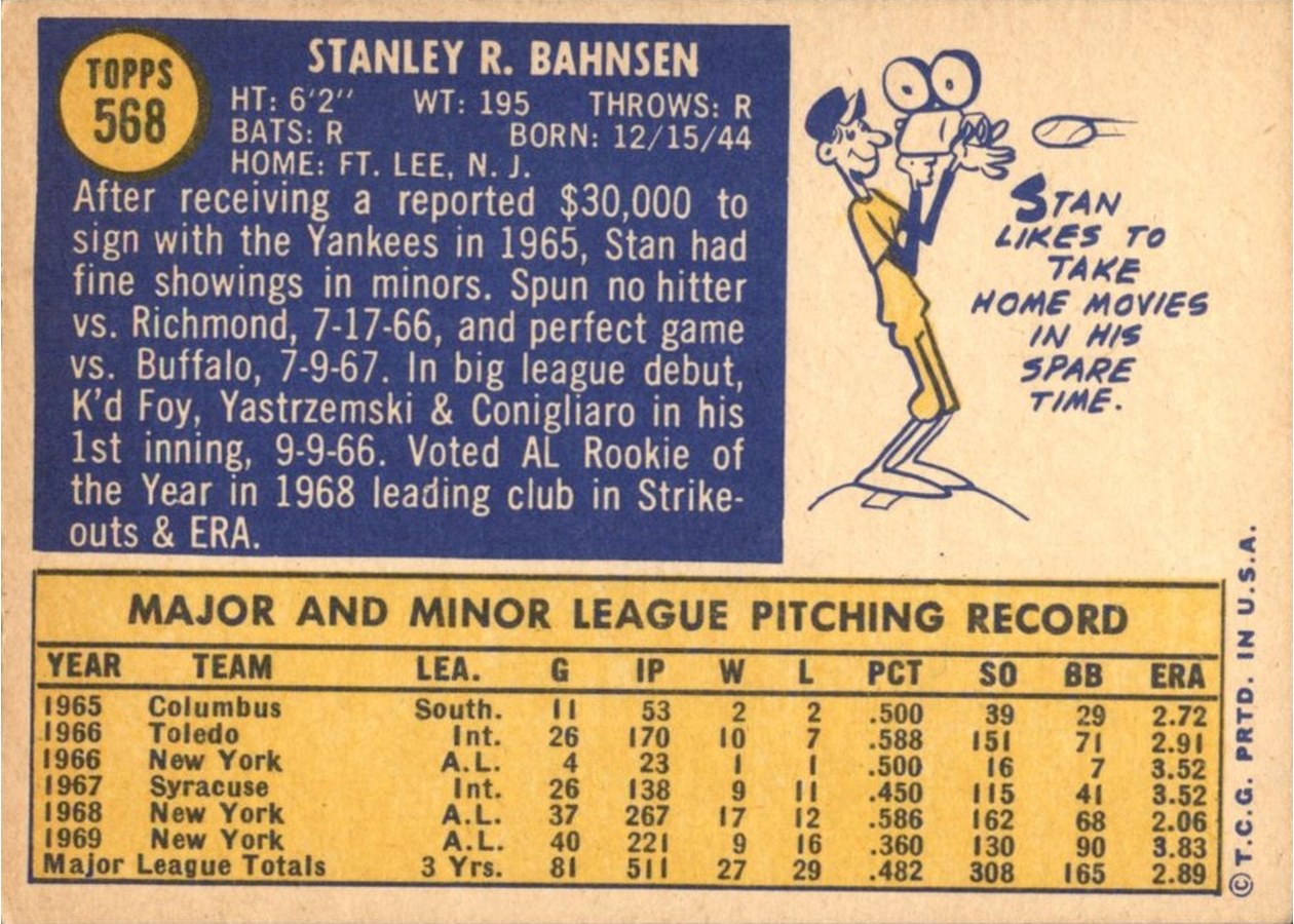 1970 Topps #568 Stan Bahnsen card back
