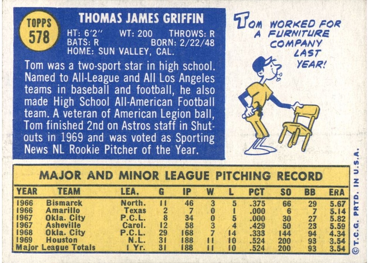 1970 Topps #578 Tom Griffin card back