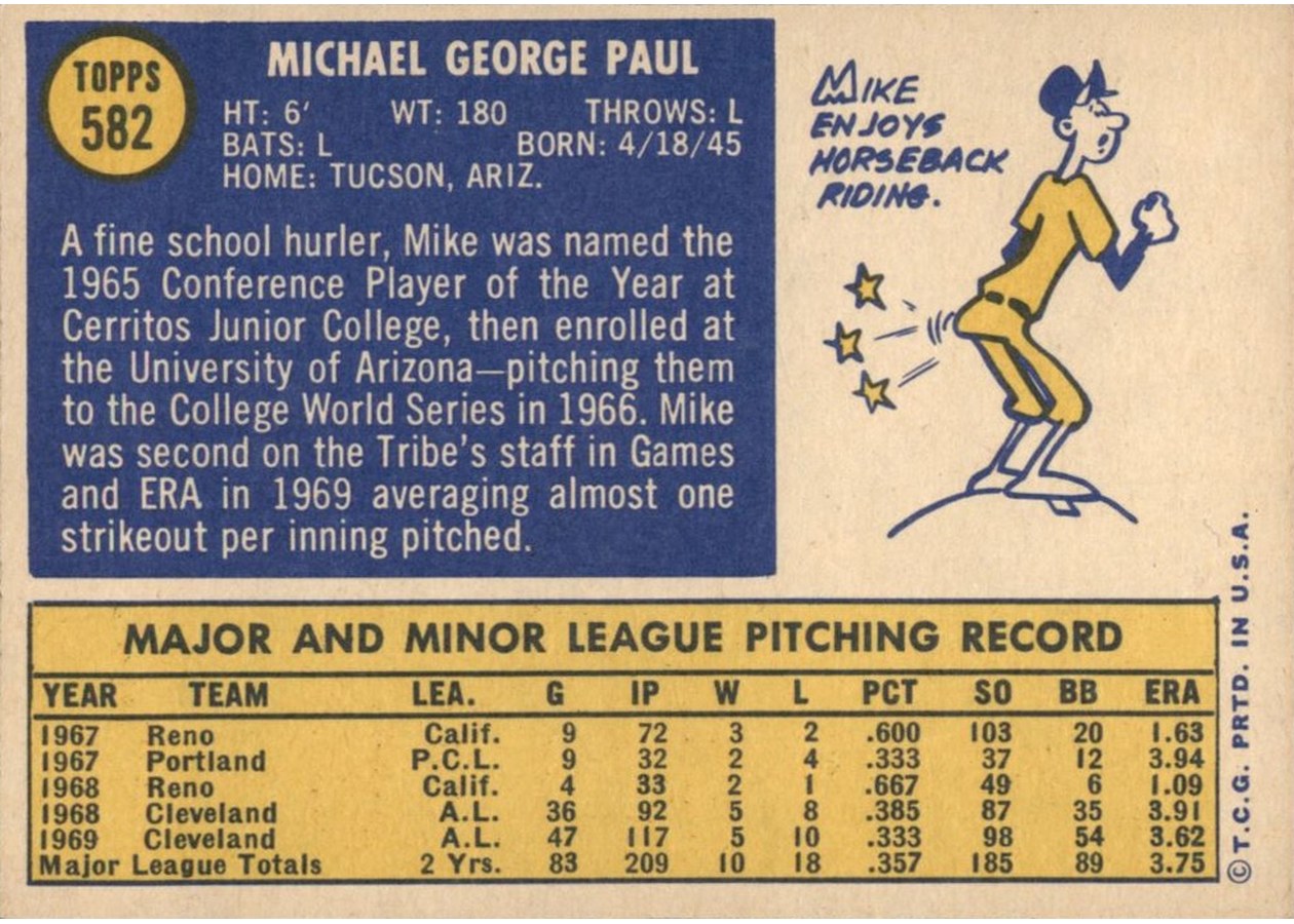 1970 Topps #582 Mike Paul card back