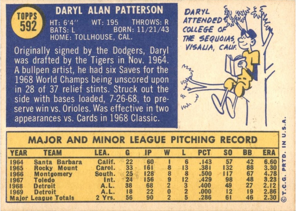 1970 Topps #592 Daryl Patterson card back