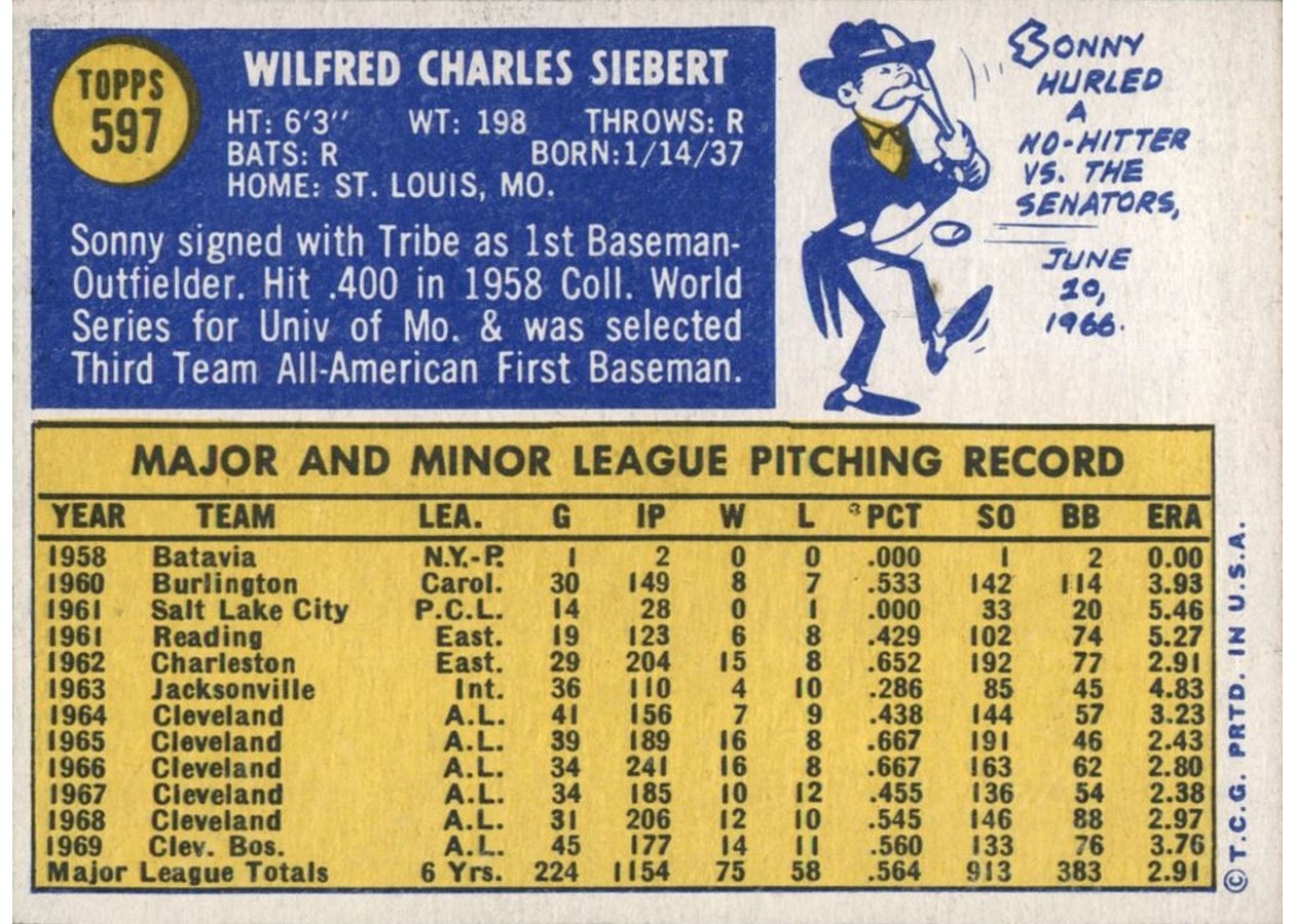 1970 Topps #597 Sonny Siebert card back