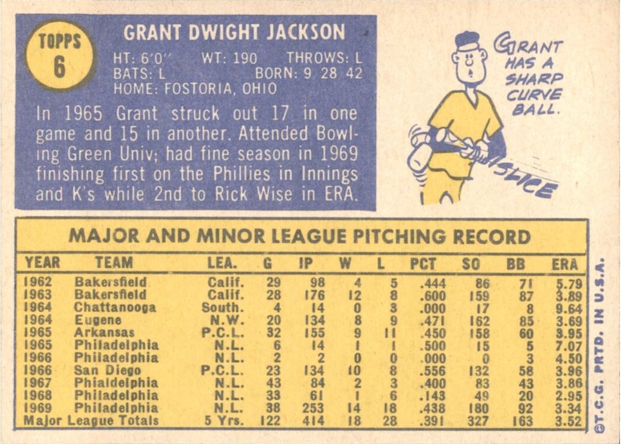 1970 Topps #6 Grant Jackson card back