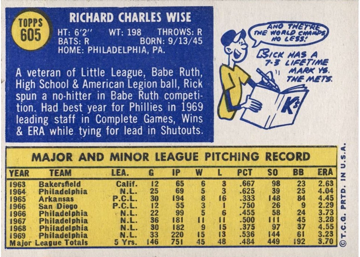 1970 Topps #605 Rick Wise card back