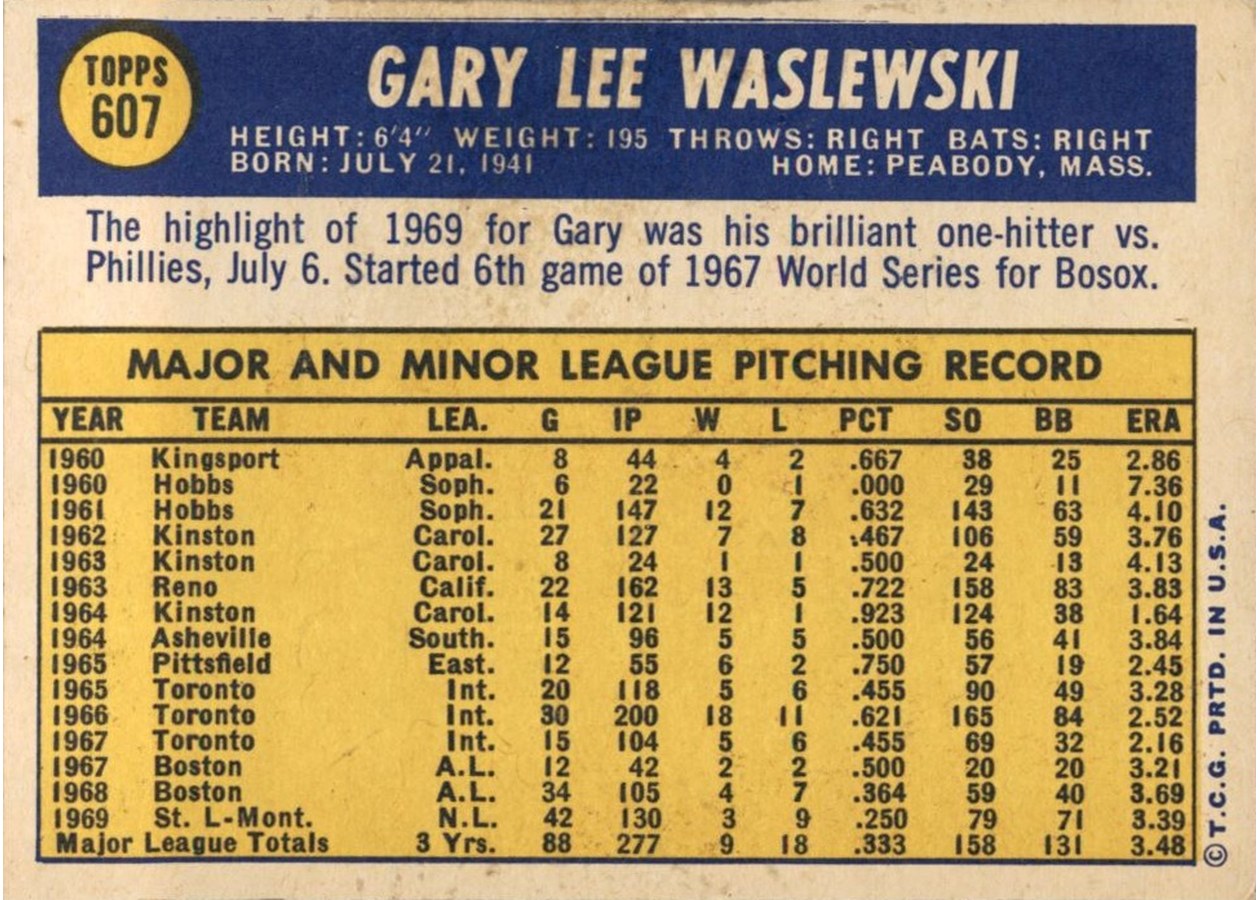 1970 Topps #607 Gary Waslewski card back