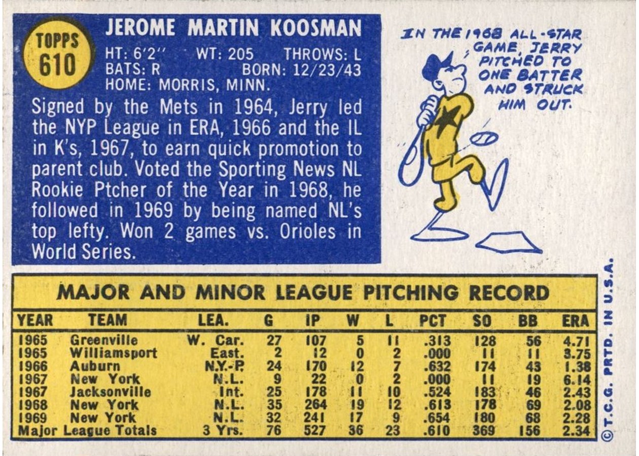 1970 Topps #610 Jerry Koosman card back