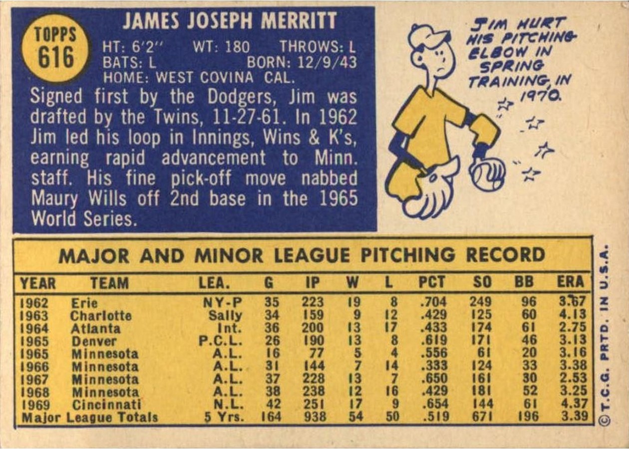 1970 Topps #616 Jim Merritt card back