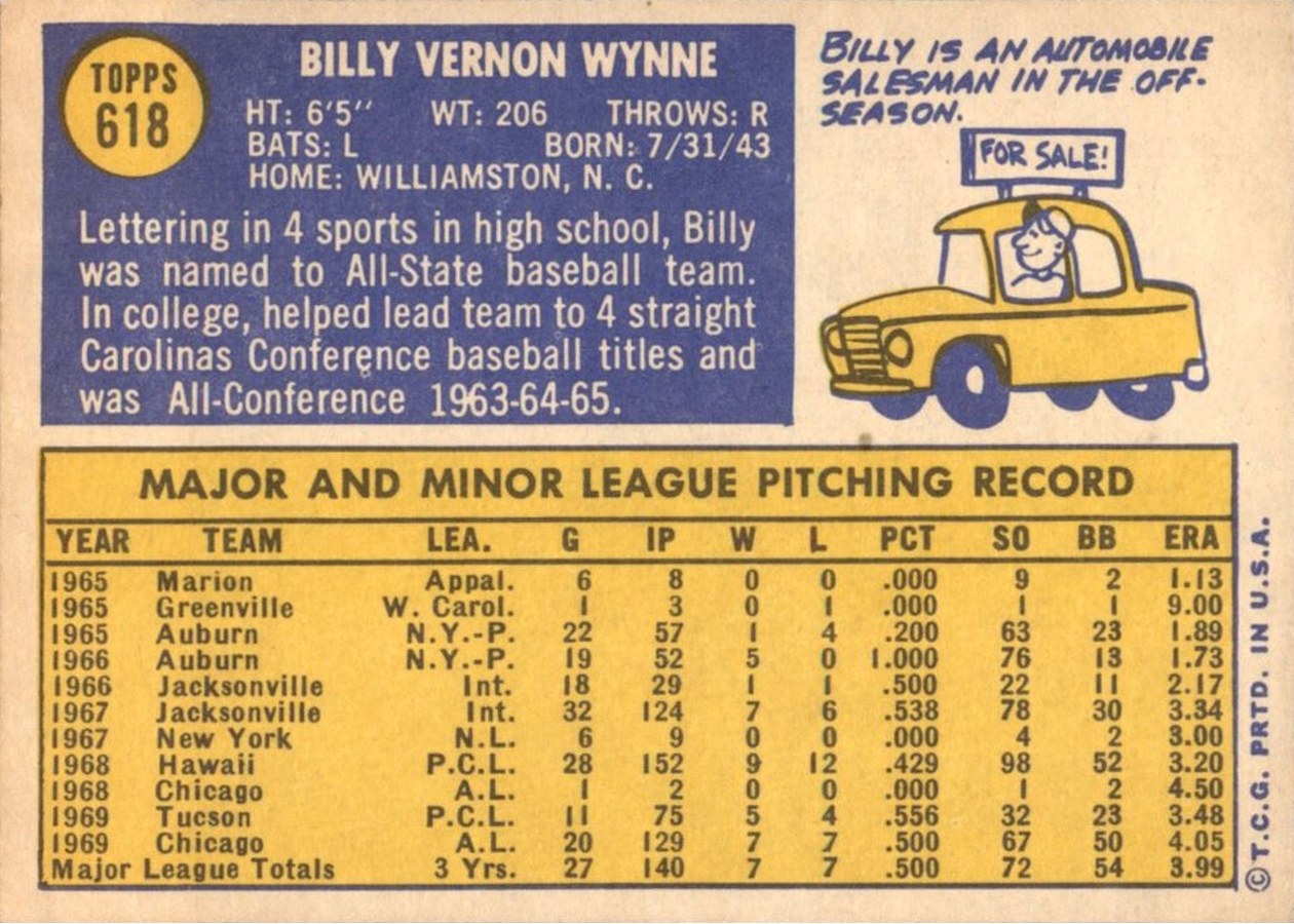1970 Topps #618 Billy Wynne card back