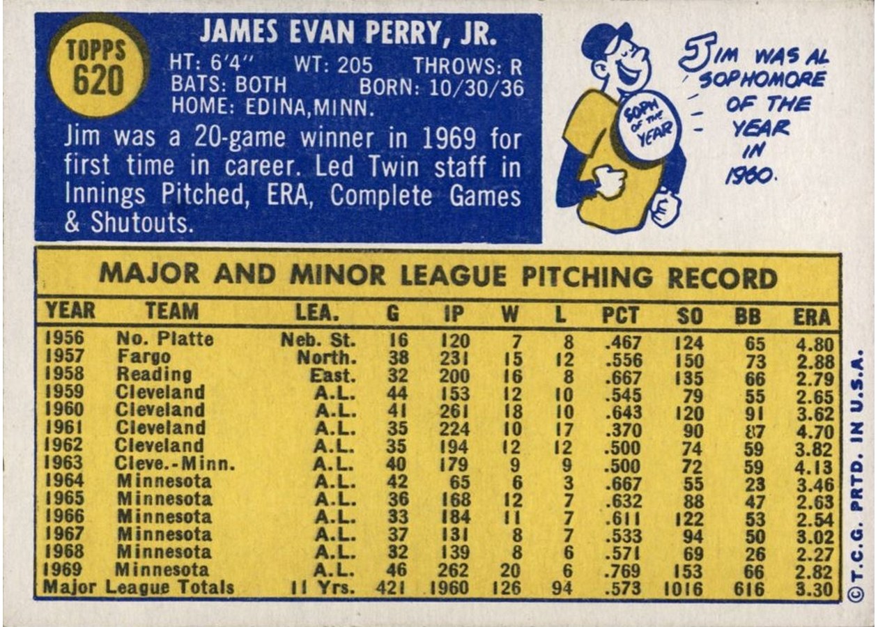 1970 Topps #620 Jim Perry card back