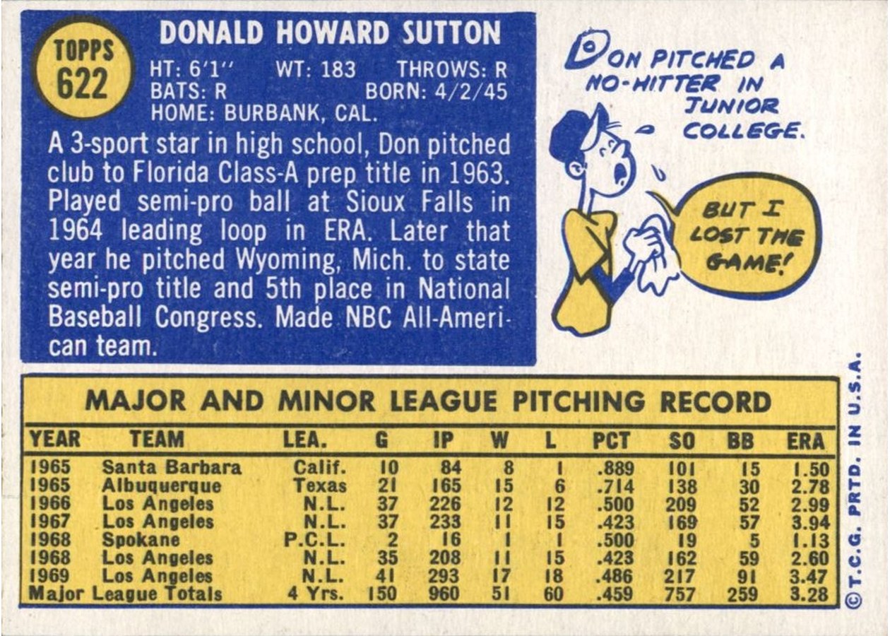 1970 Topps #622 Don Sutton card back