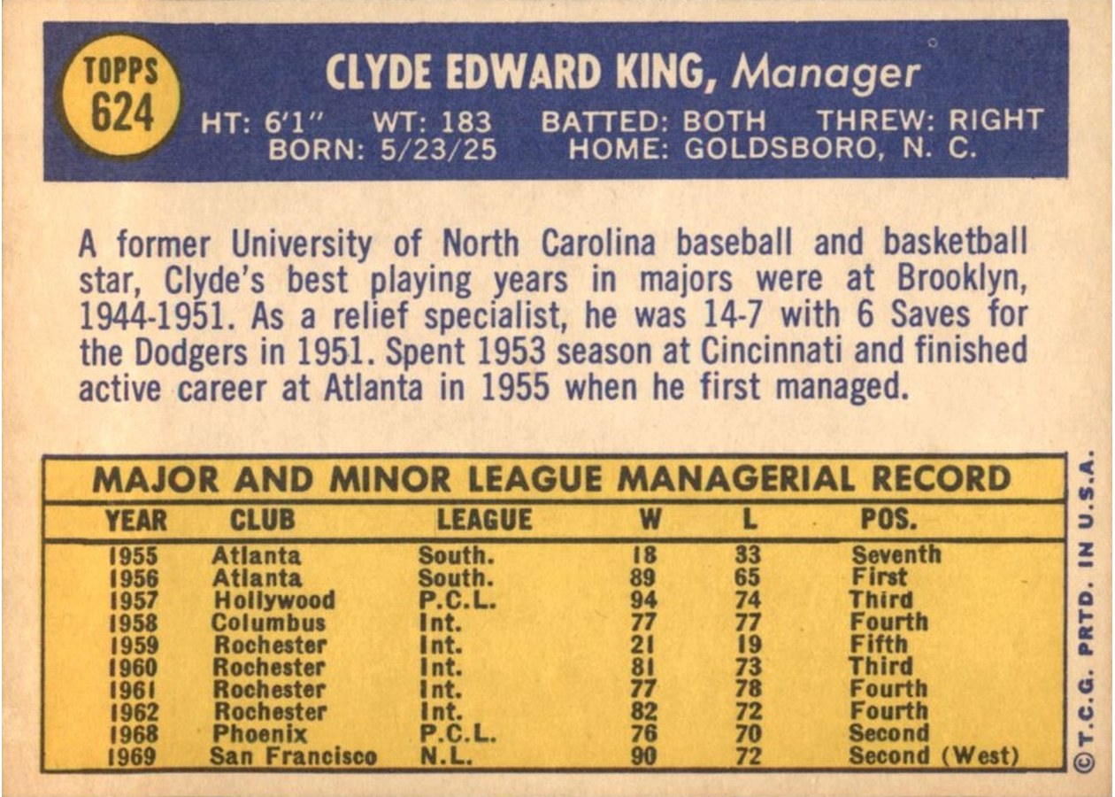 1970 Topps #624 Clyde King card back