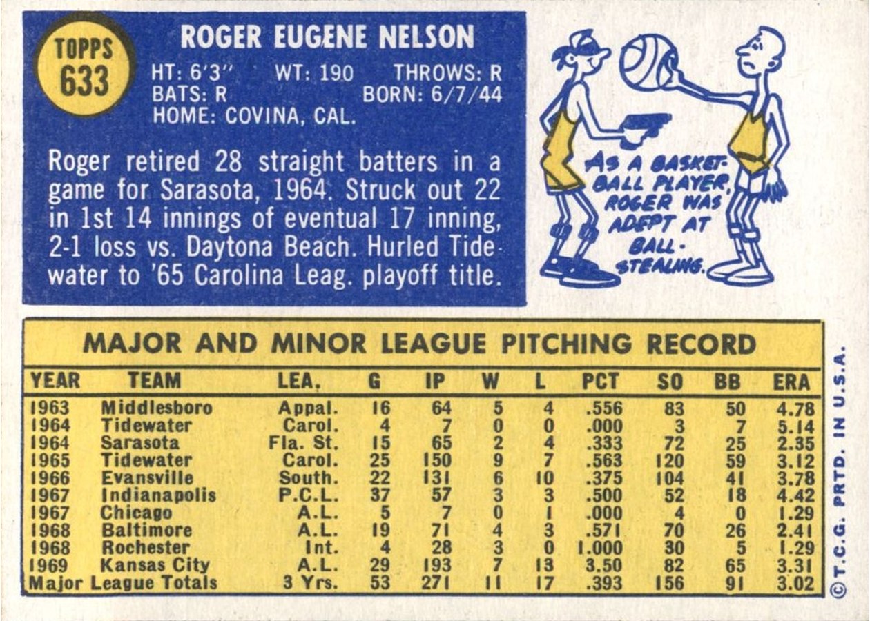 1970 Topps #633 Roger Nelson card back