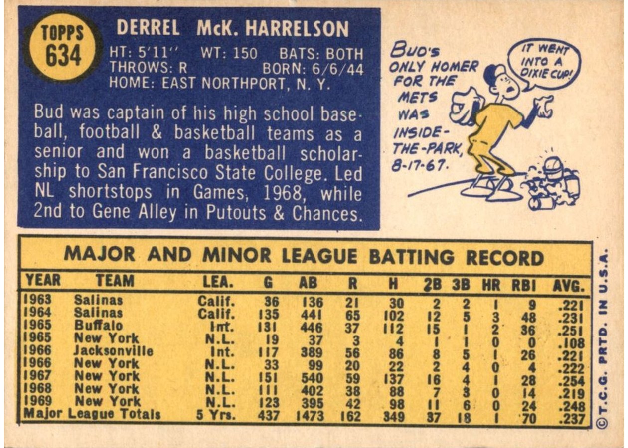 1970 Topps #634 Bud Harrelson card back