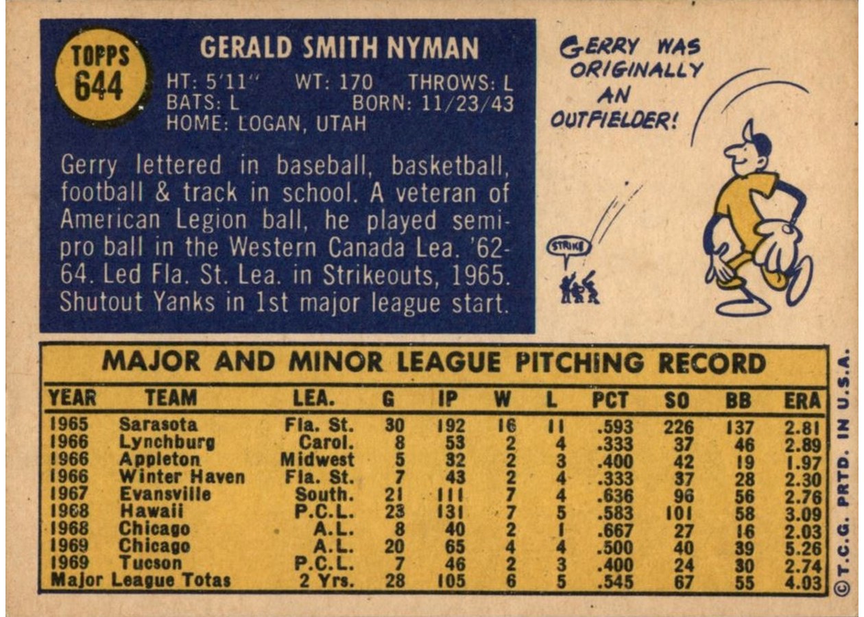 1970 Topps #644 Gerry Nyman card back