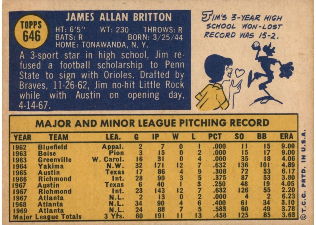 1970 Topps #646 Jim Britton card back