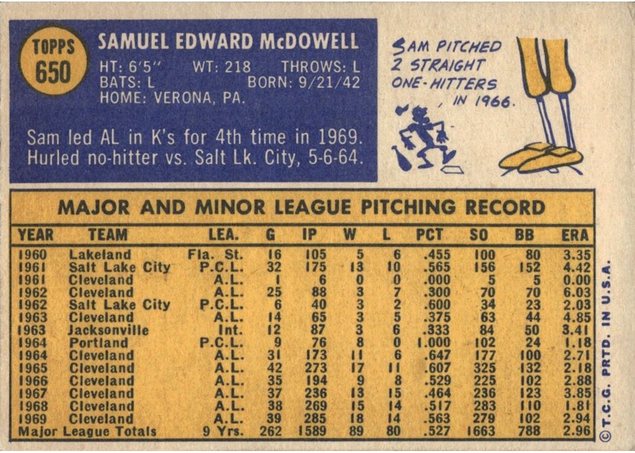 1970 Topps #650 Sam McDowell card back