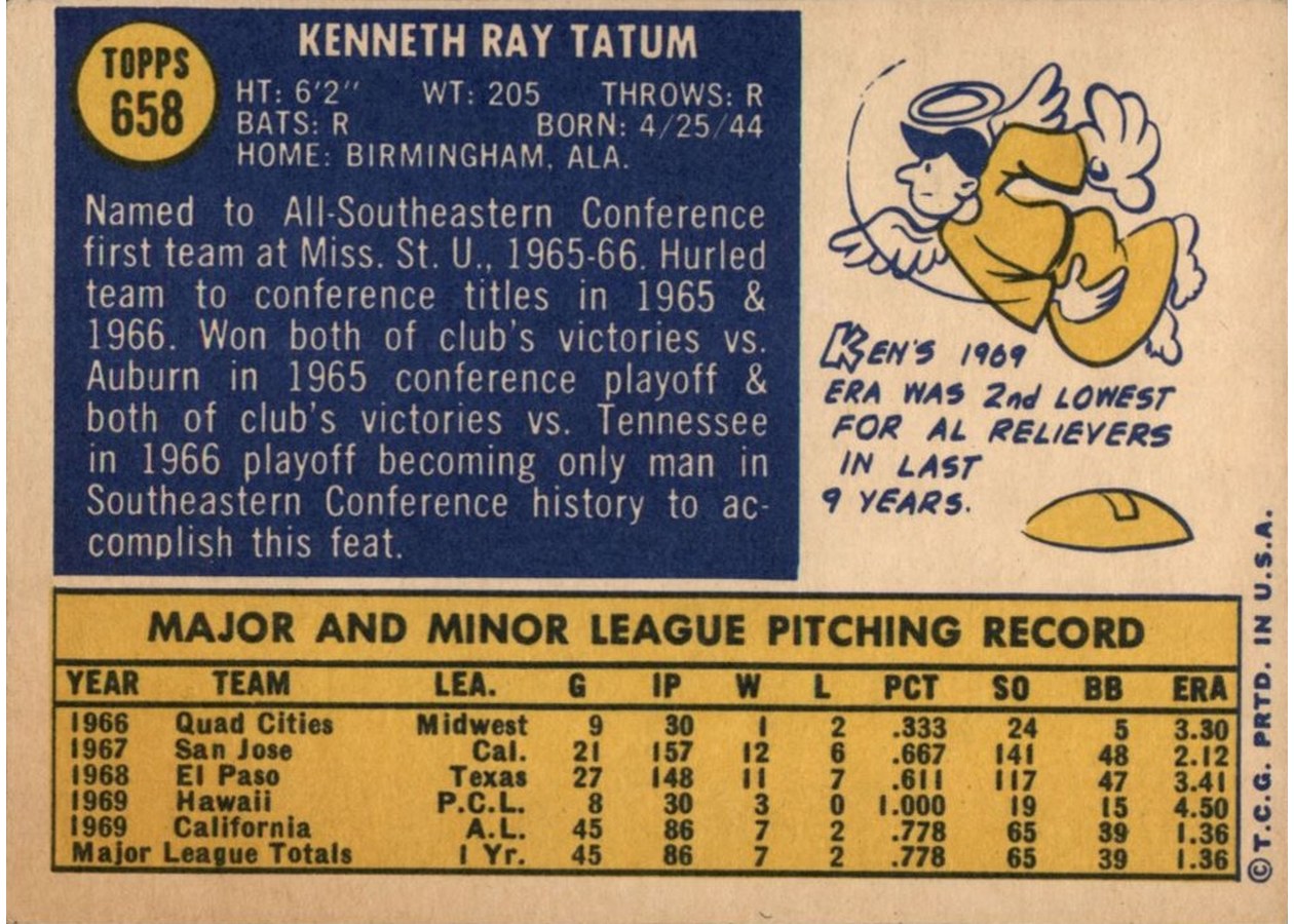 1970 Topps #658 Ken Tatum card back